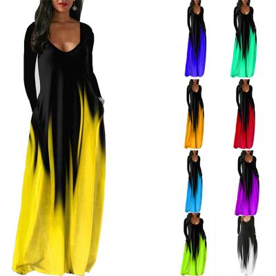 China Top Quality Gradient V-Neckline Casual Ladies Breathable Soft Comfortable Color Long Skirt Dress for sale