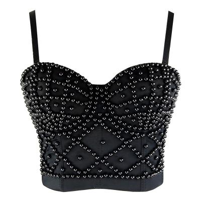 China Breathable Fashion Pearl Bra Party Women Sexy Black Beading Strapless Half Bustier Corset for sale