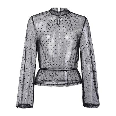 China Custom Made Breathable Sexy Long Sleeve T-shirt Viable Black Girls Mesh Blouses Bottoming Lace Ladies Transparent Shirts For Women for sale