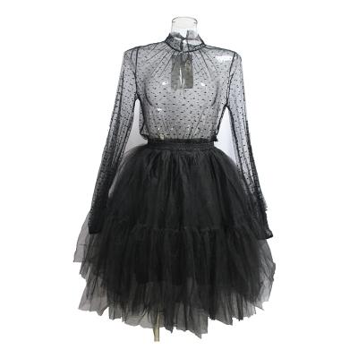 China Black QUICK DRY Custom Tutu T-shirt Adult Long Sleeve Chiffon Ballet Pleated Maxi Lolita Sheath Sexy Mesh Skirt 2 Piece Set for sale