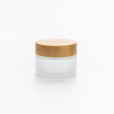 China China Cosmetic Classic Cosmetic Frosted Glass Cream Jar With Bamboo Wooden Lid 30g 50g for sale