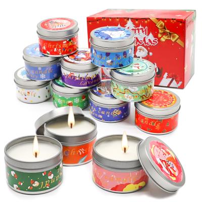 China Birthdays 12Packs Tin Jar Scented Organic Soy Wax Candles With Lid Silver Warm Christmas Gift Box Aromatheropy And Sweet Scented Candle for sale