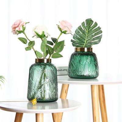 China European Creative Glass Flower Arrangement Copper Ring Living Room Decoration Minimalistic Floral Carved Vase Decoration for sale