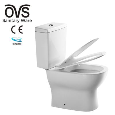 China Minimalist OVS CE Europe Modern Rimless Flushing 2 Pc Water Closet Chinese Suppliers Ceramic P Trap Ceramic Two Piece Toilet for Bathroom for sale