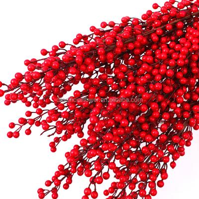 China Designs H120B Christmas Ornaments Decoration Supplies Long Stem Tree Berries Pick Branches Artificial Flower Berry Fruits Red Holly for sale