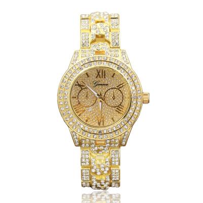 China New luxury Geneva diamond Roman eyes full alloy watch diamond steel band quartz watch for men and women for sale