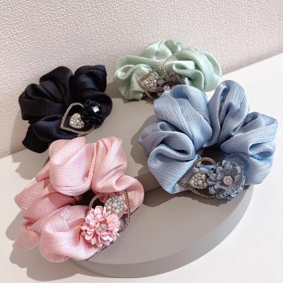 China Fashion Girls Hair Accessories High Quality Heart Inlaid Silk Fabric Elastic Rhinestone Ponytail Hair Ties For Women for sale