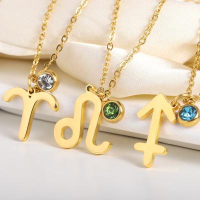 China New Amazon FASHION Gold Plated 12 Constellation Zodiac Sign With Colorful Birthstone Stainless Steel Necklaces Jewelry For Couples for sale