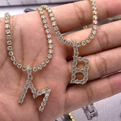 China Trendy Hot Brass Micro Zircon Shiny Tennis Initial Letter Gold Plated Inlay Pendant Necklace For Hip Hop Jewelry for sale