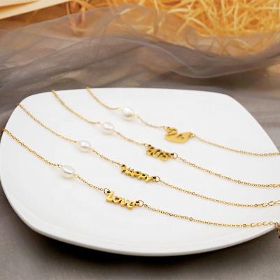 China TRENDY 18K Gold Plated Letter Love Pearl Baroque Freshwater Pearls Charm Stainless Steel Anklet Chain Bracelet for sale