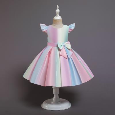 China Latest Breathable Satin Rainbow Pattern Design OEM ODM Summer Western Party Wear Girl Dress For Kid Girl for sale