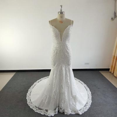 China Dry Cleaning Spaghetti Tie Backless Beaded Mermaid Lace Wedding Dresses Custom Made Plus Size Bridal Wedding Gowns for sale