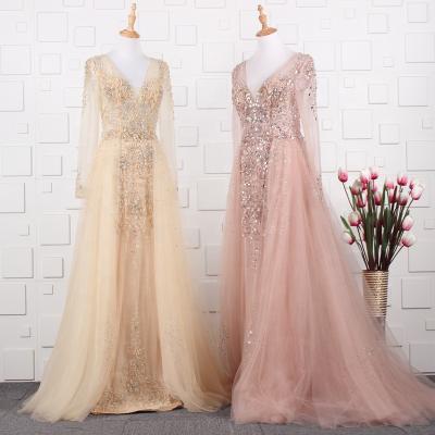 China New Next Good Quality Long Sleeve V-Neckline 2019 Dry Cleaning Heavy Beaded Champagne/Pink Color Evening Dresses For Fat Women Plus Size Dresses for sale