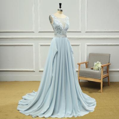 China Dry Cleaning Sky Blue Chiffon Lace Beaded Applique Beaded Applique Long Evening Dress Long Evening Dresses for sale