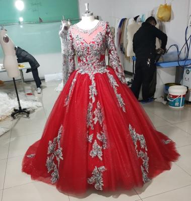 China Dry Cleaning OEM Long Sleeve Ball Gown 3D Lace Flower Applique Tulle Burgundy Quinceanera Dresses With Big Bow for sale