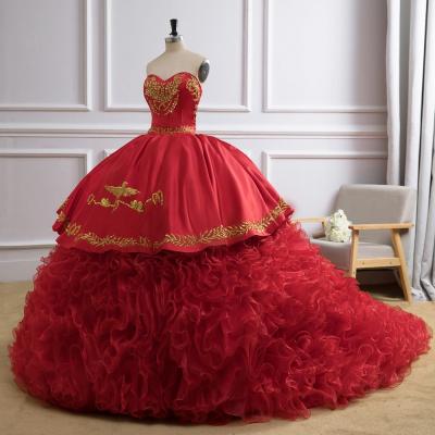 China Dry Cleaning Gold Embroidery Buttons Ball Gown Red Puffy Organza Ruffles 2018 New Western Quinceanera Dress for sale