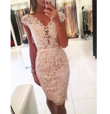 China Dry Clean V-Neckline Beaded Lace Applique Bodycon Style Cocktail Wear Knee Length Women Plus Size Party Dresses for sale