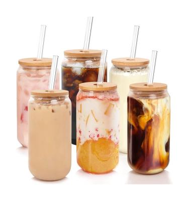 China Heatable Glass Mugs With Bamboo Lids And Straws 16oz Glass Beer Glasses Can Shaped Glass Tumbler Mugs Cup for sale