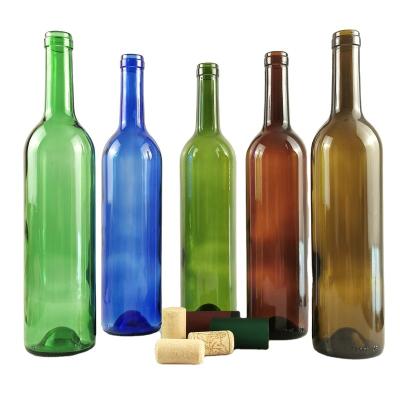 China Clear Beverage 187ml 375ml 500ml 750ml Amber Green Blue Burgundy Glass Red Wine Bottle With Cork for sale