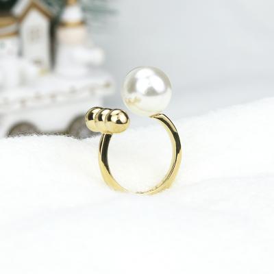 China TRENDY Trendy 14K Gold Plated Alloy Big Pearl Three Ball Adjustable Open Rings for sale