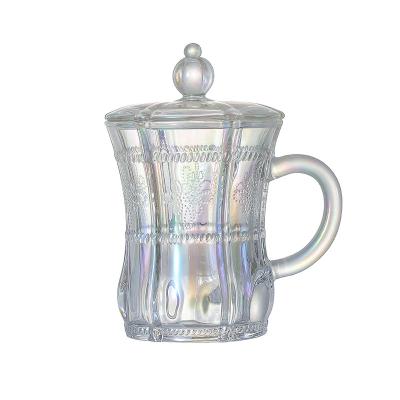 China Customized Viable Wholesale Customized Clear Glass Cups Vintage Embossed Juice Tea Coffee Mugs 7oz Soda Lime Sublimation Mugs With Handle And Lids for sale