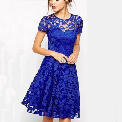 China Anti-Static Fashionable Round Neck Short Sleeve Women Dress Ghana Styles Hot Sale Plus Size Elegant Lace Dress for sale