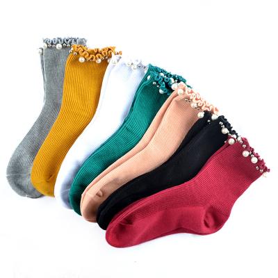 China Breathable High Quality Warm Cotton Socks Women Logo Pearl Ruffle Socks Women Custom Made for sale