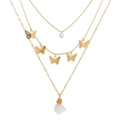 China Fashionable Gold Multilayer Irregular Semi-stone Butterflys Necklace Choker Pendant Jewelry Gift For Women for sale