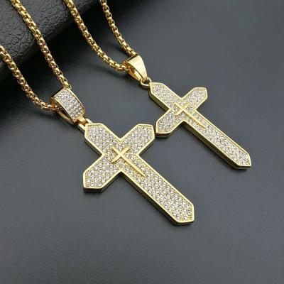 China High Quality Hip Hop Design Hiphop Cut Gold Plated Stainless Steel Crystal Stone Jesus Cross Necklace Pendant Women Men for sale