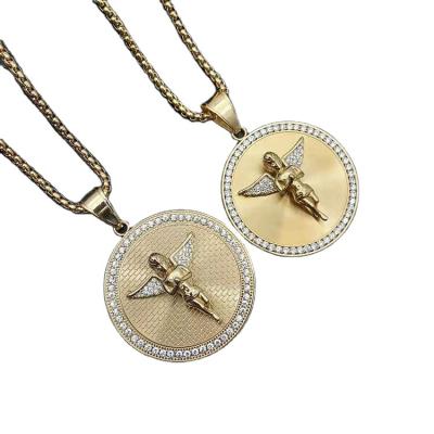 China Hip Hop Stainless Steel Gold Plated Coin Little Angel Charm Necklace Men Women Jewelry for sale