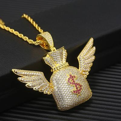 China Money Bag Dollar Hip Hop Angel Wing Dollar Pendant Necklace Pendant Necklace for sale