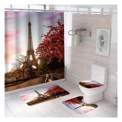 China Sustainable Customer 3d Printing Waterproof Shower Curtain With Mat Bathroom Sets Non-slip Shower Curtain Set 4 Pcs for sale