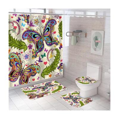 China Sustainable 3D Digital Printing Waterproof Butterfly Bath Cover And Shower Curtain Set 4 Pcs Luxury For Bathroom for sale