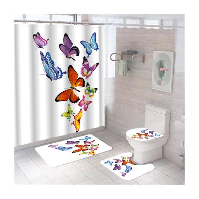 China Sustainable Wholesale 3D Butterfly Printing Bathroom Shower Curtains And Covers Set 4 Pcs Bathroom Shower Curtain Set for sale