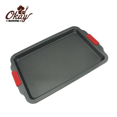 China BK-D5024 Large Non-stick Pan Sustainable Baking Pan 0.6mm Thickness With Silicone Handle Marble Coating for sale