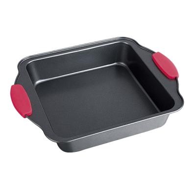 China OK BK-D5034 Non-Stick 0.4 mm 27.5x Hot Stainless Steel 27.5x 22.2 x 4.7 cm Square Bakeware Cake Pan With Silicone Handle for sale