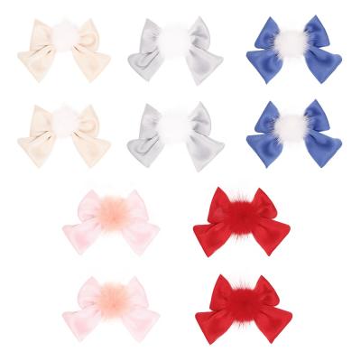 China Wholesale Sweet Color Mink Hair Ball Hair Clips Candy Shape Silk Hair Accessories Kids Satin BowKnot Hairpins for sale