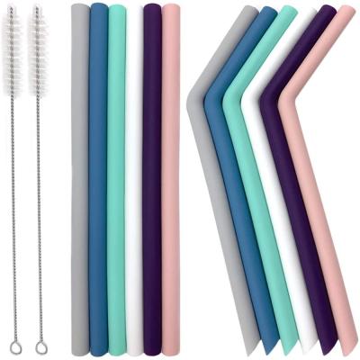 China BPA Safe Disposable Dishwasher Free 10 Inch Drinking Straw Reusable Silicone Straws With Cleaning Brush for sale