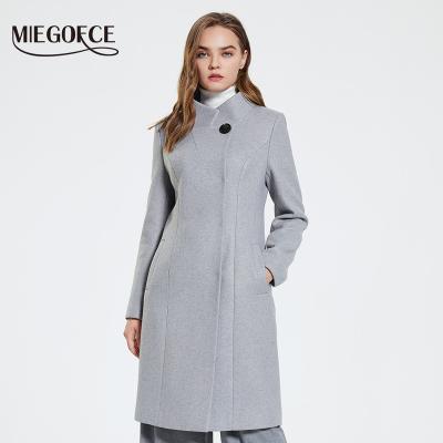 China 2021 MIEGOFCE Autumn Winter Women Wool Blend Vintage Woolen Coat Slim Stand Collar Ditch Jacket Long Jacket Female Outerwear for sale