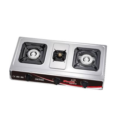 China Hotel 3mm Stainless Steel Cast Iron Three Burner Gas Stove for sale