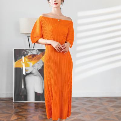 China Miyake NOBLE Anti-wrinkle pleats slash belt spring/2022 summer new elegant women's banquet slimming waist off shoulder one-line dress for sale