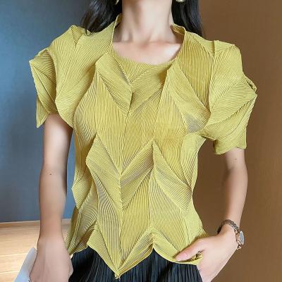 China NOBLE Miyake Jacket Women's Anti-Pilling Anorak Crew Neck Irregularity 3D Petal Sleeve Pleat Solid Mid Long T-shirt Top Clothing for sale