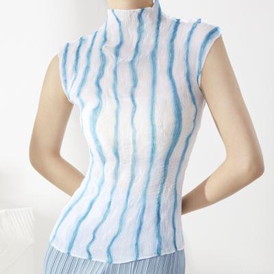 China Anti-pilling Lady Clothing Summer Women's Striped Miyake Collar T-shirt Soft Feminine NOBLE Top Pleated Slim Sleeveless Top for sale