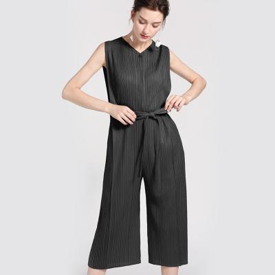 China Anti-pilling Summer Miyake Pants Playsuit Sashes Women Pleated Wide Leg Overalls Casual Jumpsuit Elegant Loose Sleeveless NOBLE for sale