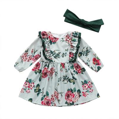 China Hot Selling Breathable Wholesale Cotton Baby Vintage Floral Dress Custom Style Long Sleeve With Headband Baby Dressy Dresses for sale