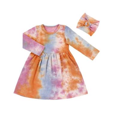 China Fashion Breathable Hot Selling Headband And Long Sleeve Baby Tie Dye Dress Kids Tie Dye Dress for sale