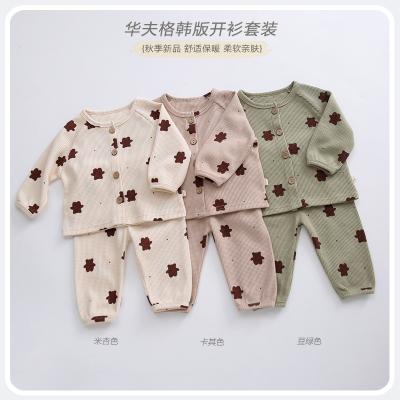 China 2021 autumn style Korean version of new children's waffle baby clothes Korean long sleeve pants men's and women's baby two-piece set for sale