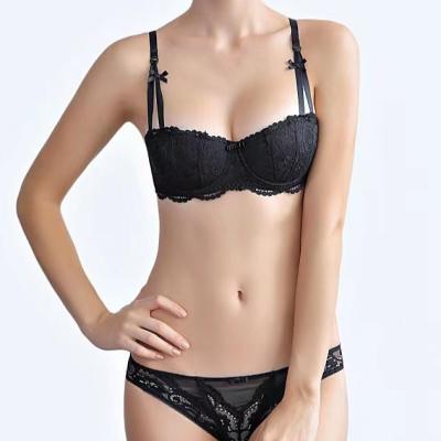 China New Design Breathable Cup Haft Sexy Bra And Panties Lace Up Sexy Transparent Bralette Set Velvet Bra Panties Set In Stock for sale