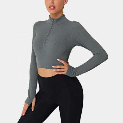 China New Breathable Plain Soft Neck Top Seamless Quick Dry Breathable Knit Long Zipper Sleeve Corset Crop Top for sale