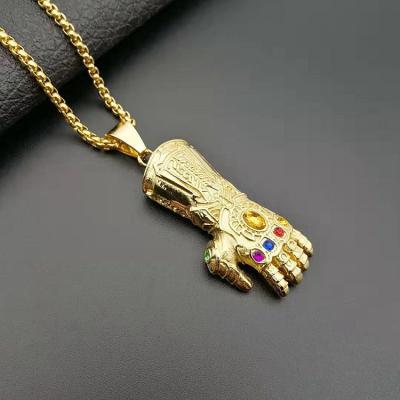 China Popular Jewelry Titanium Steel Hiphop Hip Hop Gold Plated Diamond Avengers Thanos Hand Pendant Necklace for sale